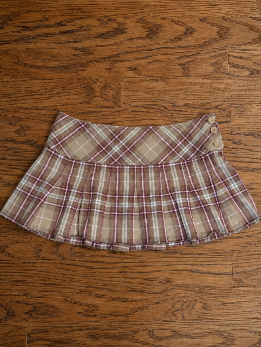 Y2k Aeropostale Tan Plaid Pleated Skater gurl Micro Mini Schoolgirl Skirt Sz 13